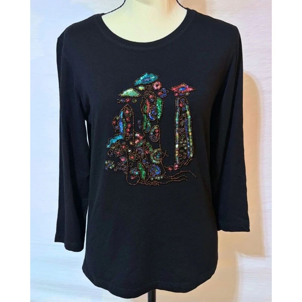 Chicos Black Beaded Saxophone Music Long Sleeve Top Size 0 Sequin Art Shirt